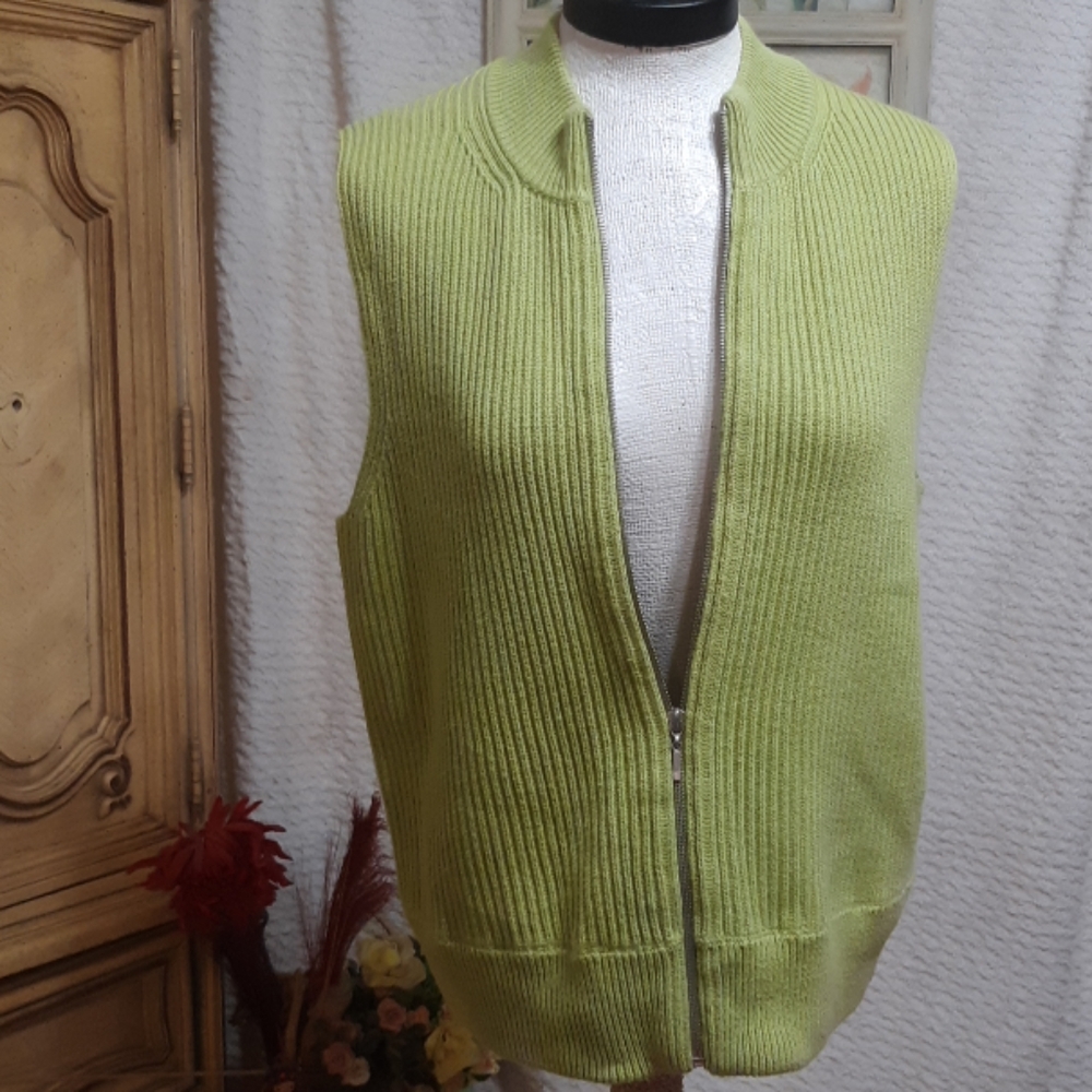 Womens Green Knit Vest Sz Large Jacket Sweater Zip up Sleeveless B2 - Picture 2 of 8